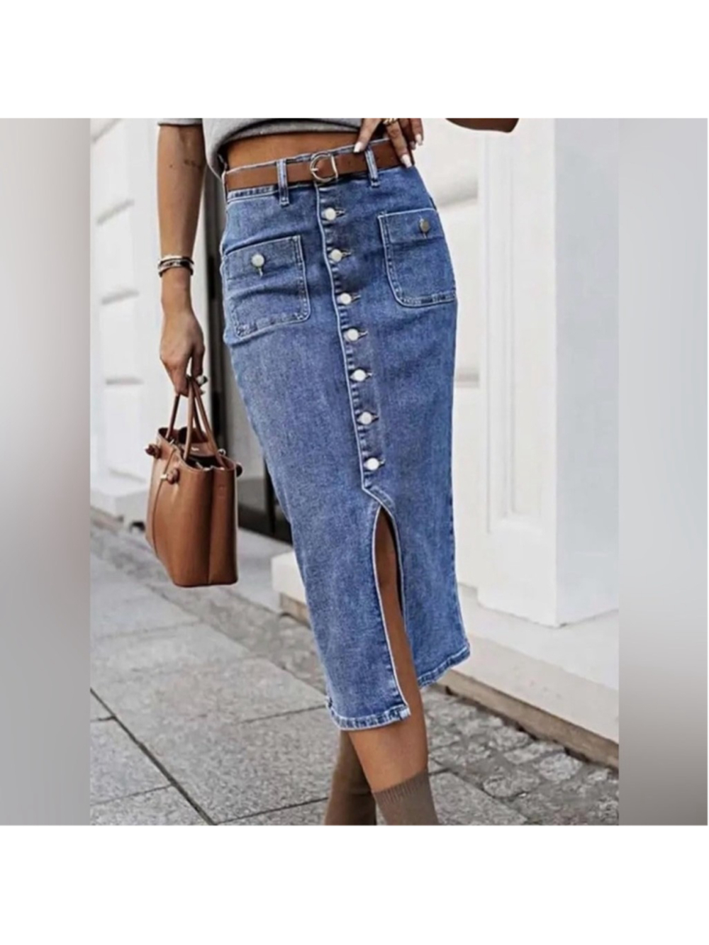 Flamingals High Waist Denim Midi Skirt Vintage Button Front 4XL